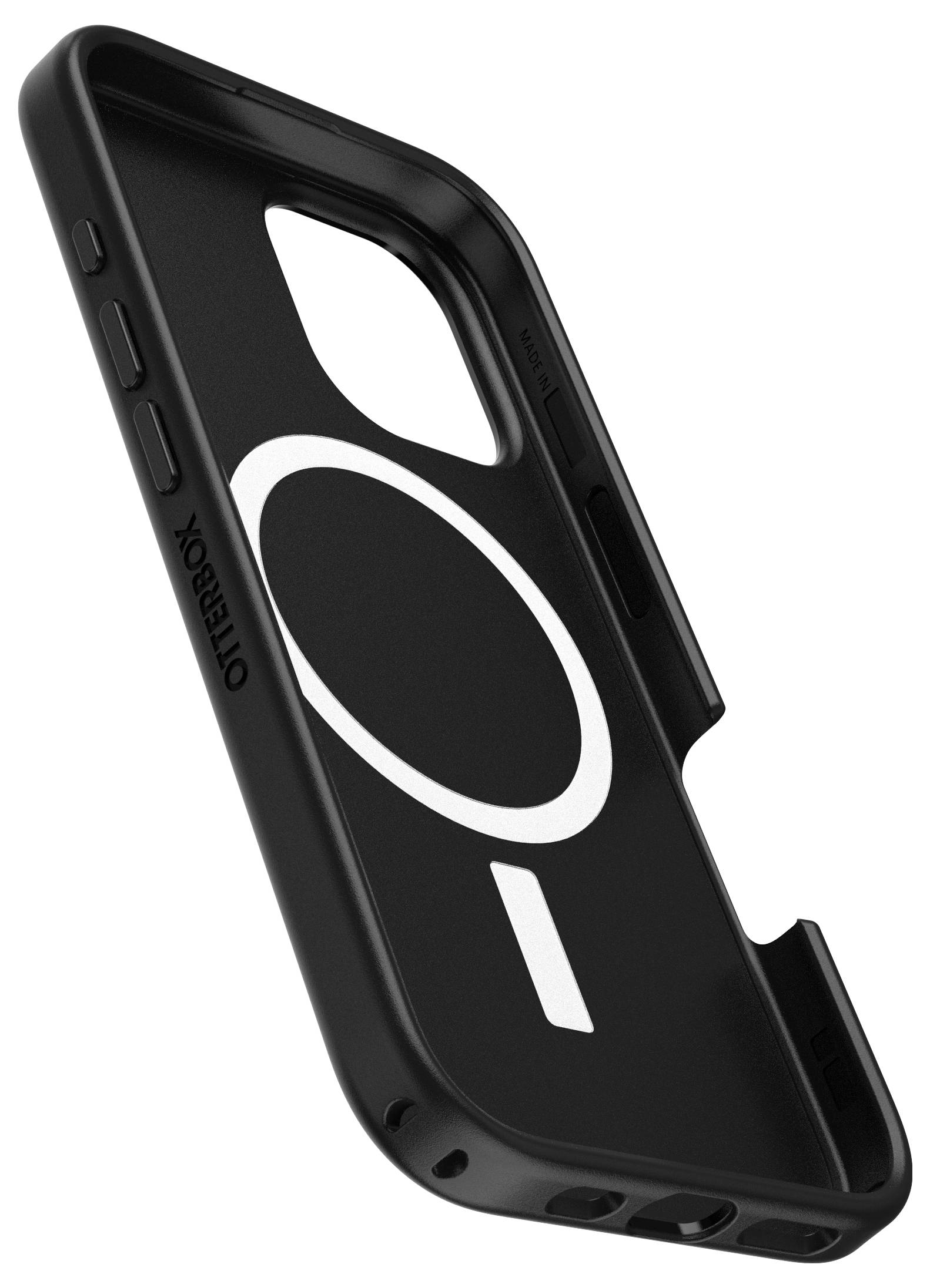 Zwarte smartphone-hoes van OtterBox met een gestileerd wit 'QI'-symbool aan de achterkant, toetsenopening aan de linkerzijde.
