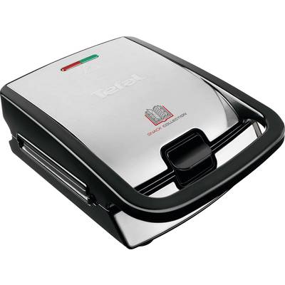 Een gesloten tosti-ijzer van roestvrij staal met zwarte accenten, waarbij controlelampjes in rood en groen bovenaan branden.