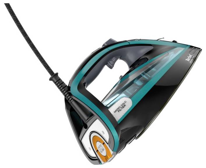 Strijkijzer in schuine weergave, zwart en turkoois design, met aanduiding van stoom- en temperatuurinstellingsknoppen.