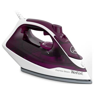 Strijkijzer in het wit en paars, merk Tefal, model 'Express Steam'.