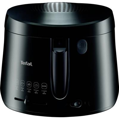 Zwarte Tefal-friteuse met temperatuurregelaar en controlelampjes aan de voorkant.