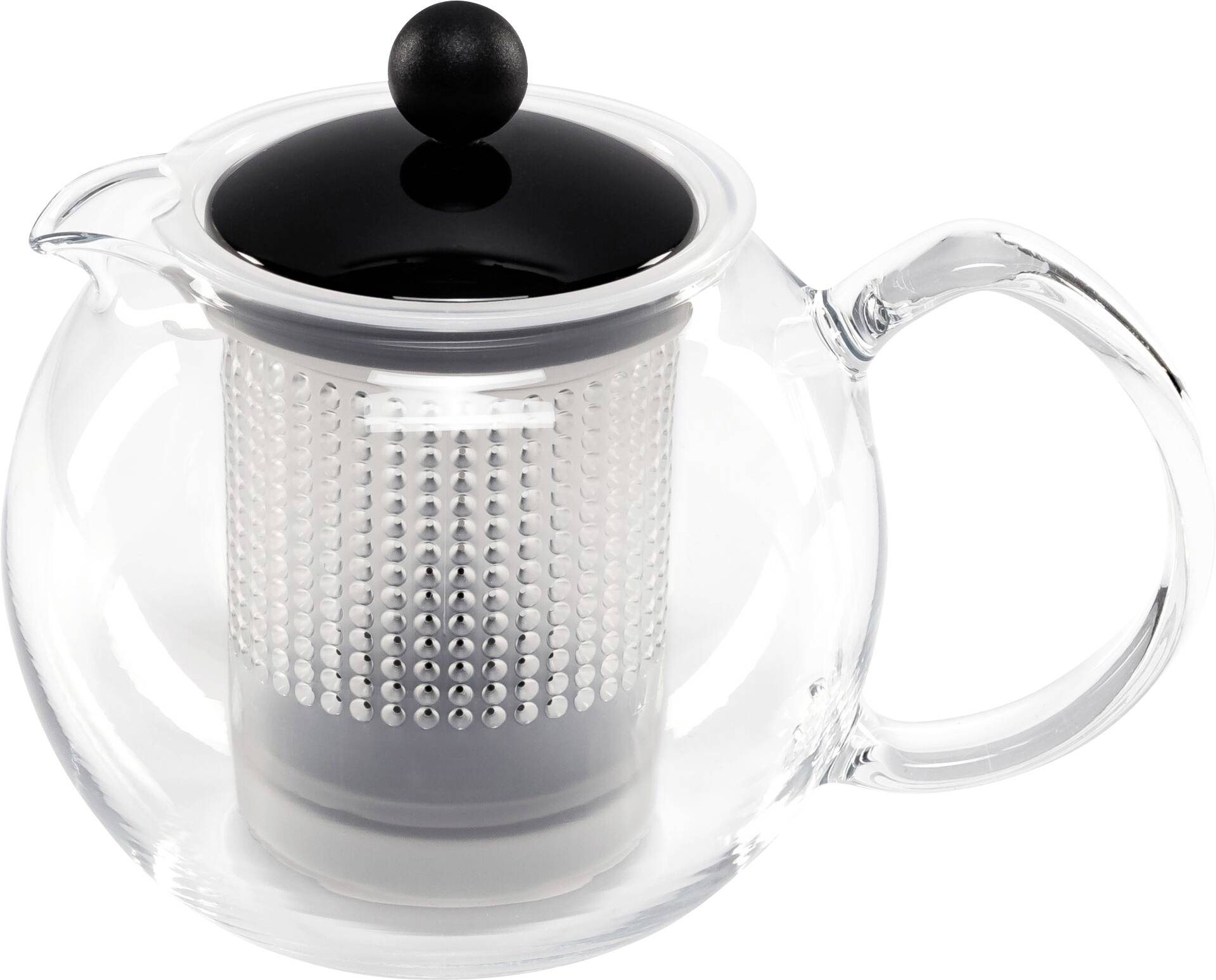 Glazen theepot met geïntegreerd metalen zeefje en zwarte deksel, ideaal voor het bereiden van losse theeblaadjes.