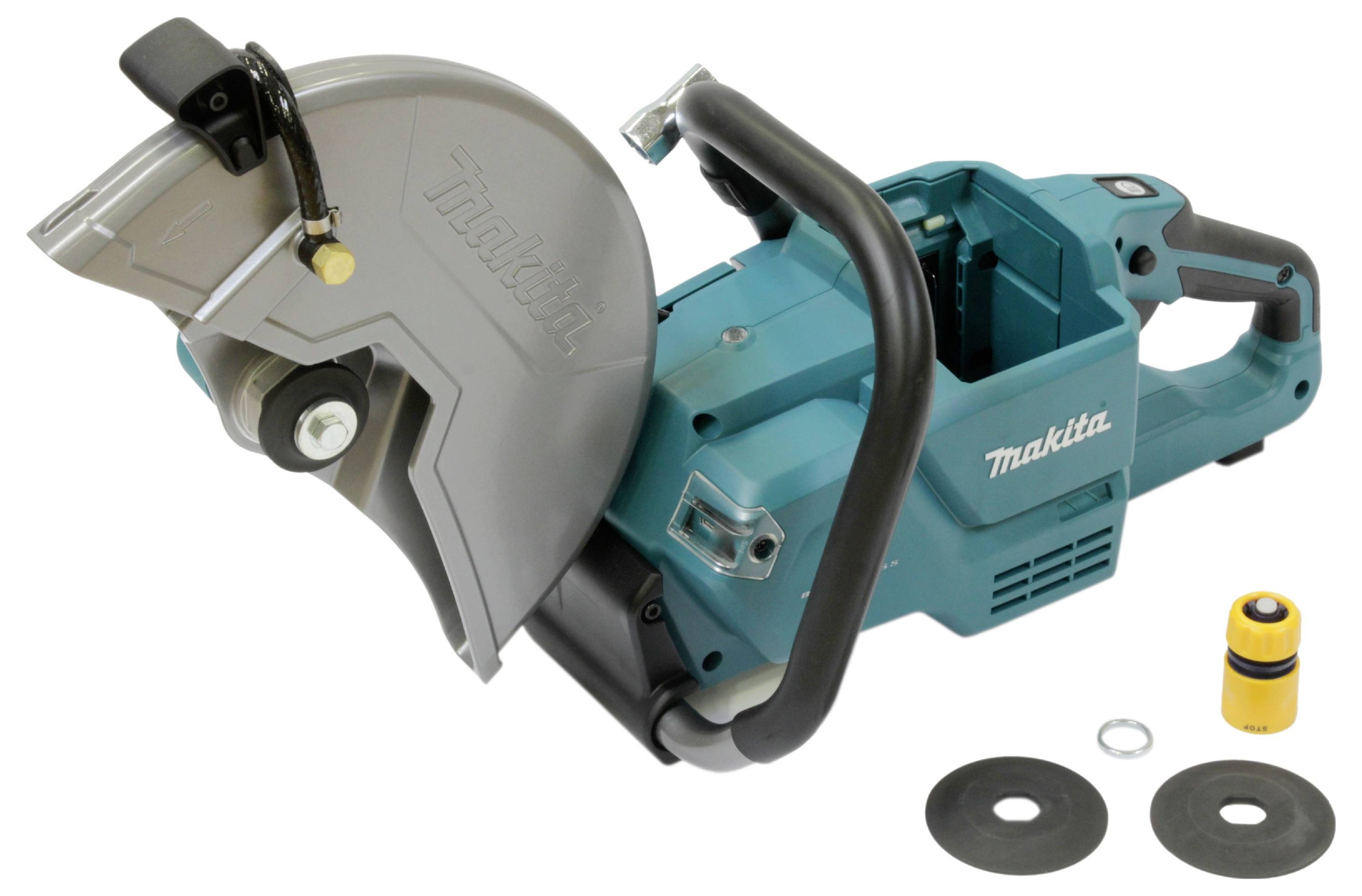 Een turquoise elektrische slijpmachine met beschermkap en handgrepen, ernaast twee zwarte schijven en een gele cilinder.