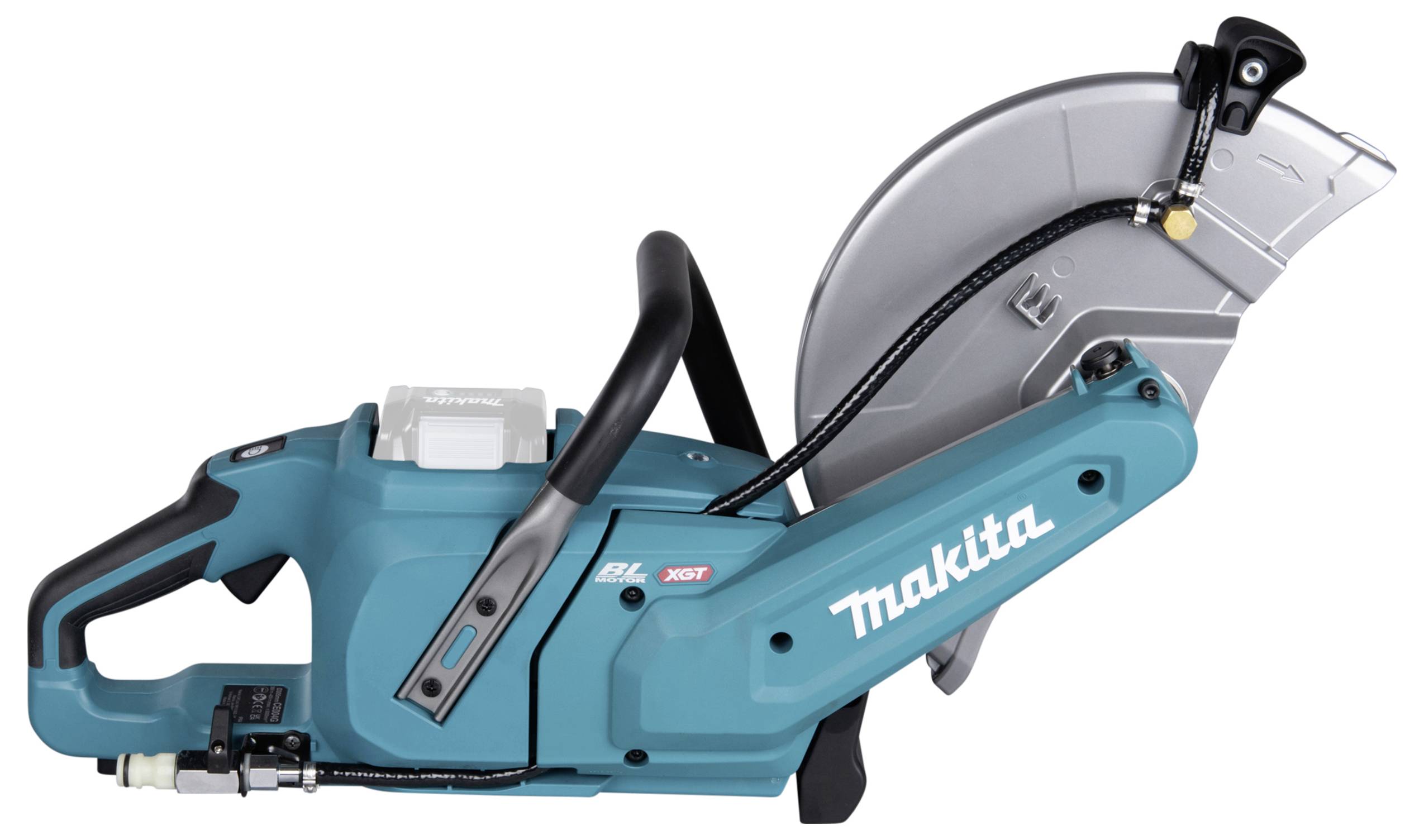 Een blauwe Makita-handcirkelzaag met zwarte handgreep en zilveren zaagblad, gefotografeerd van opzij, toont het merkenlogo.