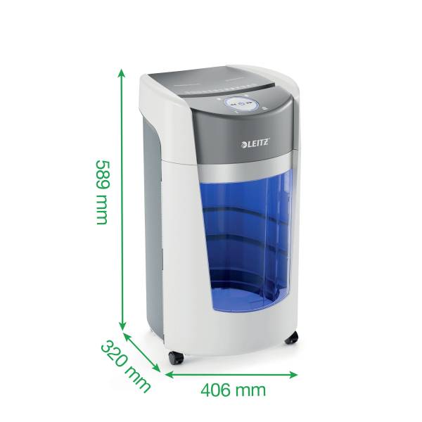 Een papiervernietiger met een blauwe opvangbak en de volgende afmetingen: hoogte 589 mm, breedte 320 mm, diepte 406 mm. Merknaam zichtbaar.