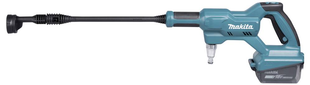 Accu-Hogedrukreiniger in het blauw, met een langwerpige slang, geschikt voor flexibele reinigingstaken buiten. Merklogo aan de zijkant.