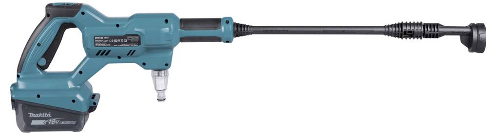 Een accu-hogedrukreiniger in blauw en zwart, draadloos met lange spuitlans, geschikt voor schoonmaakwerkzaamheden buitenshuis.