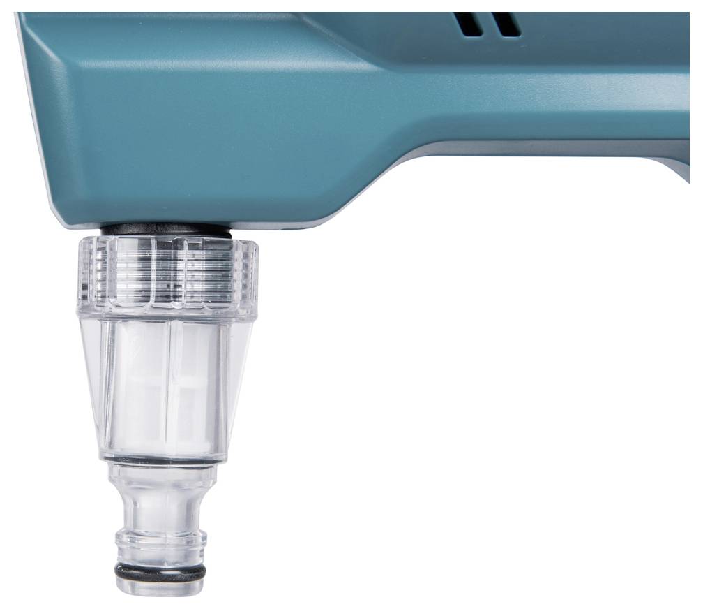 Een close-up van een blauwe tuinslangaansluiting toont een transparante adapter aan het einde van een apparaat.