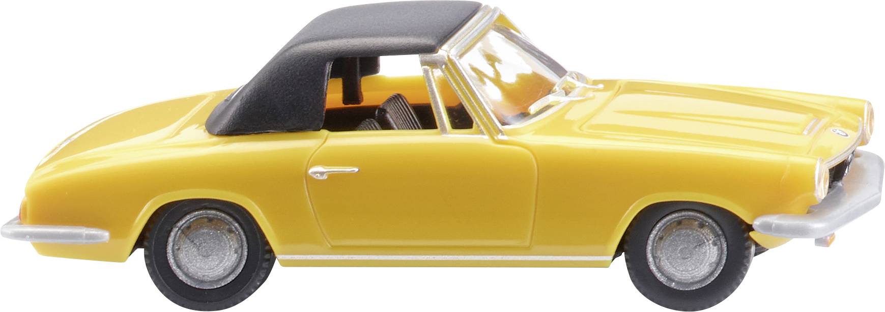 Geel modelauto met zwart dak, cabriodesign, zijaanzicht. Voertuig met klassieke lijnen en glanzende oppervlakken.
