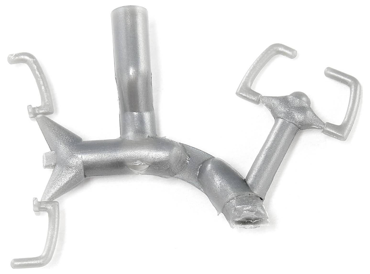 Een grijs, metaalachtig object met meerdere, gebogen armen en haken. Mogelijk een onderdeel van een mechanisme of apparaat.