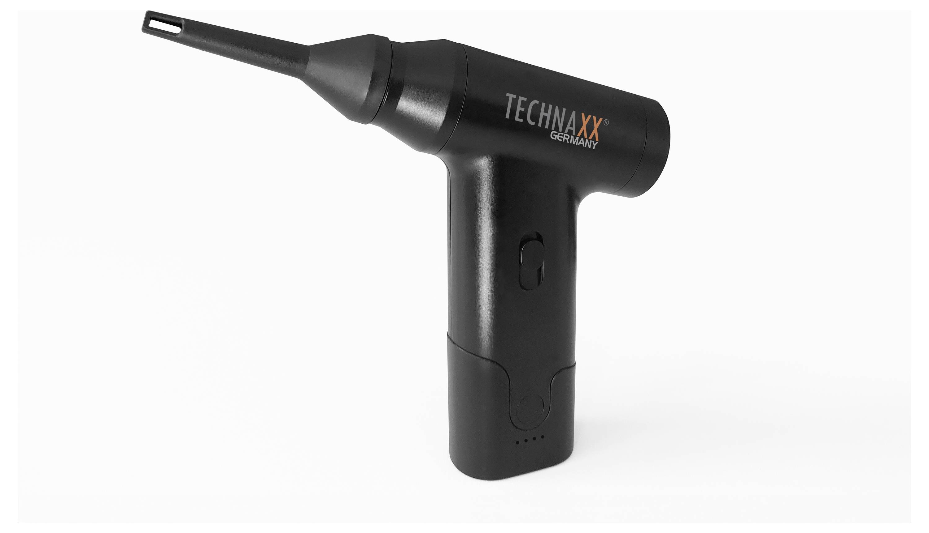 Een zwarte elektrische luchtcompressor van 'Technaxx Germany', compact ontworpen, zichtbaar met mondstuk en handgreep.