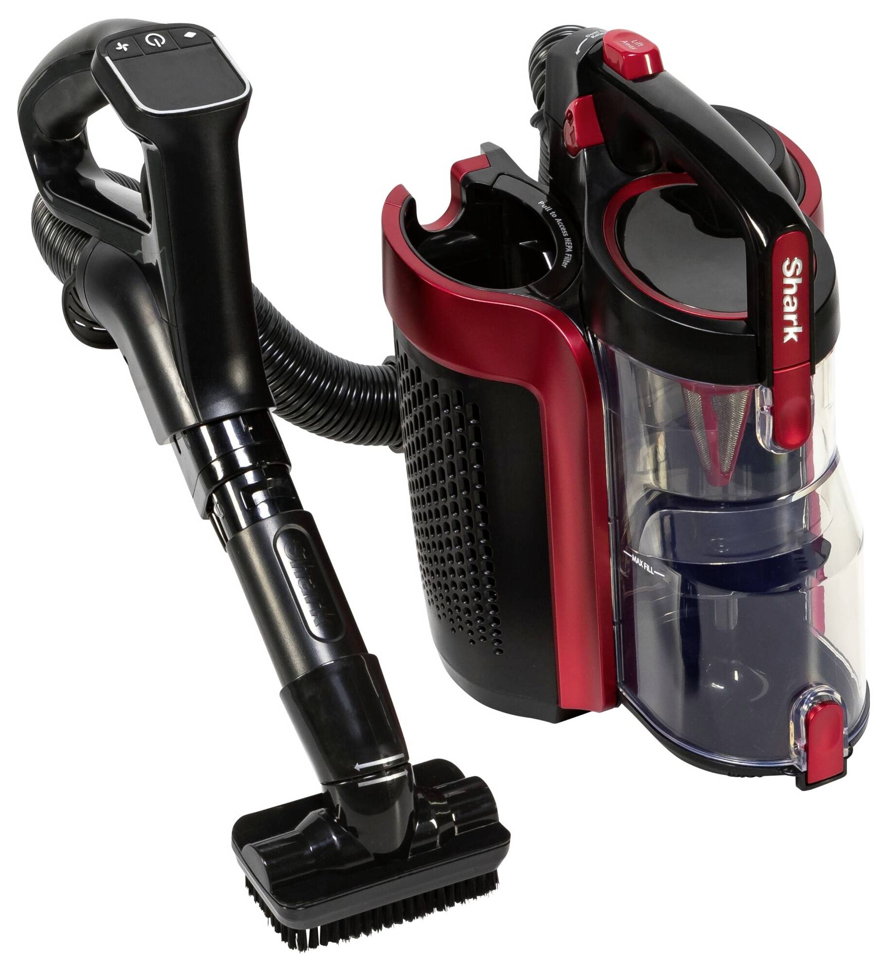 'Rode en zwarte draagbare stofzuiger met transparante container en slang, geschikt voor efficiënte reiniging in kleine ruimtes.'