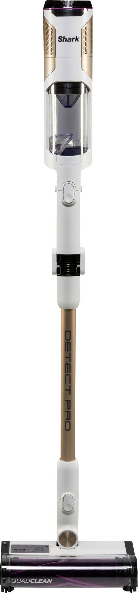 Draadloze steelstofzuiger in het wit en brons met een transparante opvangbak. Geschikt voor vloerreiniging.