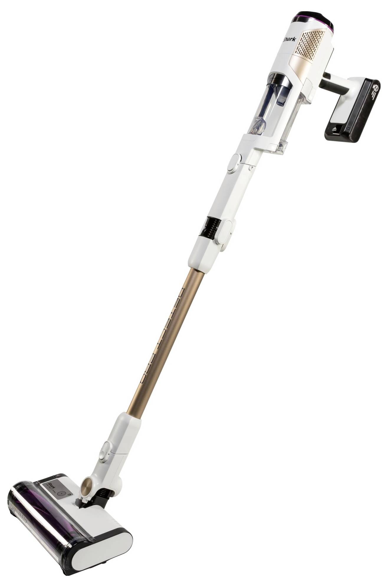 Snoerloze stofzuiger in een slanke vormgeving, gedomineerd door wit en koper, met een afneembare, transparante vuilcontainer.
