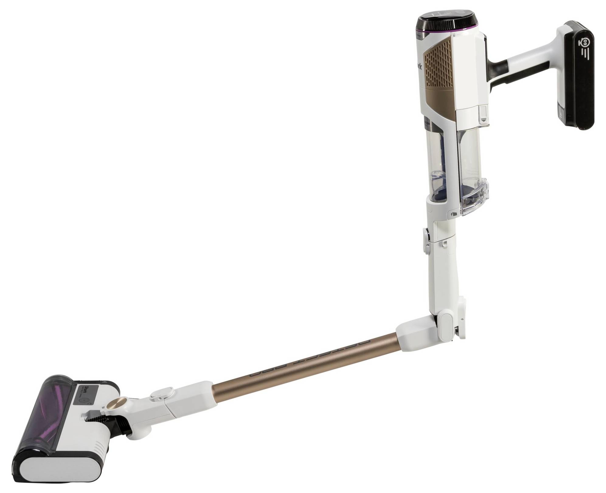 Draadloze steelstofzuiger in wit en brons, van opzij gezien, met transparante vuilcontainer en kantelbare zuigkop.