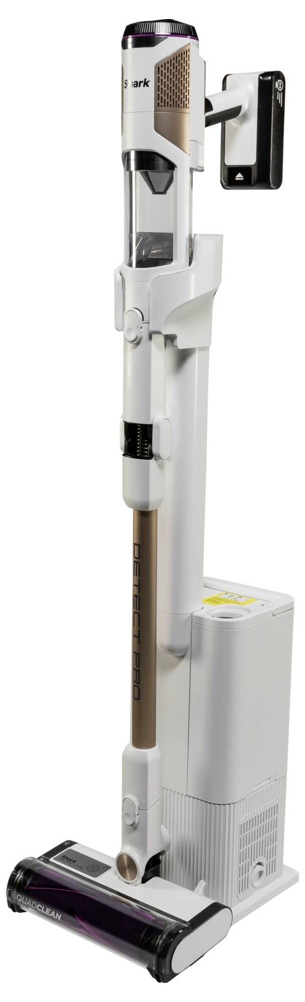 Een slanke, draadloze stofzuiger met laadstation, ideaal voor flexibel en efficiënt schoonmaken.