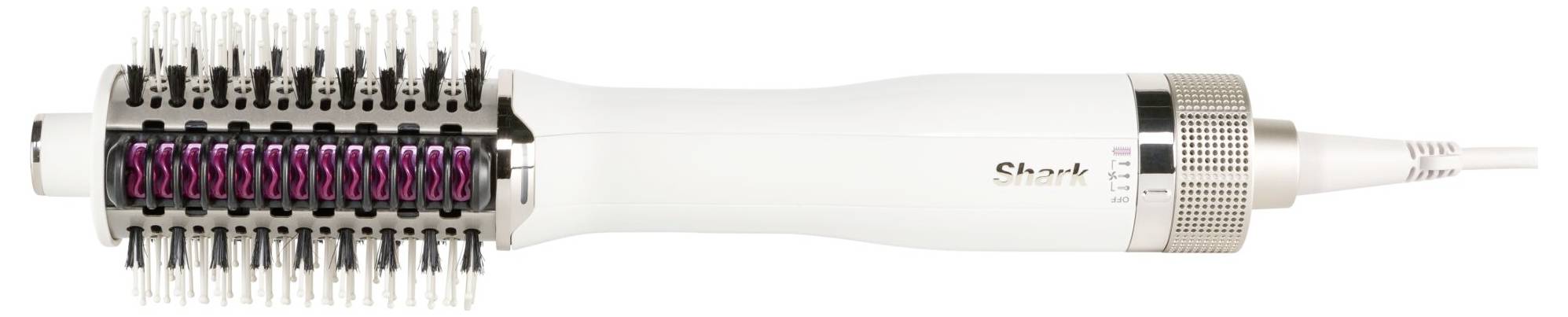 Een ronde föhn met een witte handgreep en paarse accenten in de borstel, geschikt voor het tegelijkertijd drogen en stylen van haar.