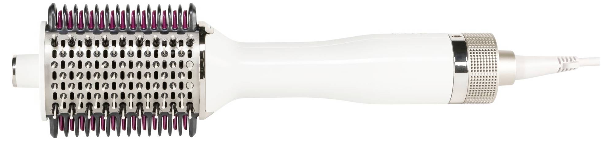 Föhnborstel met een brede, rechthoekige borstelkop en ventilatiesleuven, geschikt voor het drogen en stylen van haar.