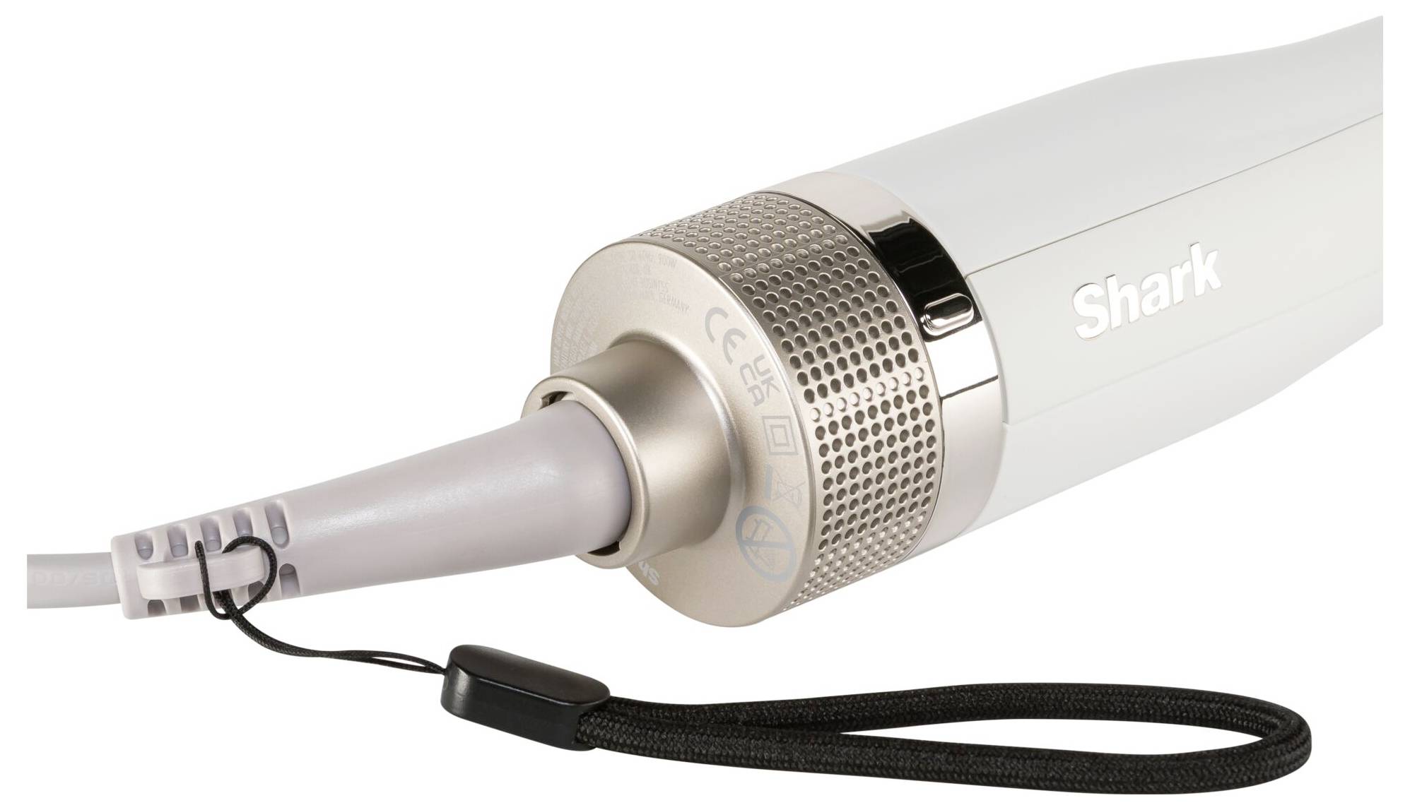 Witte stofzuigertoebehoren met het opschrift 'Shark' en een afneembare mondstuk dat een slang met handgreep laat zien.