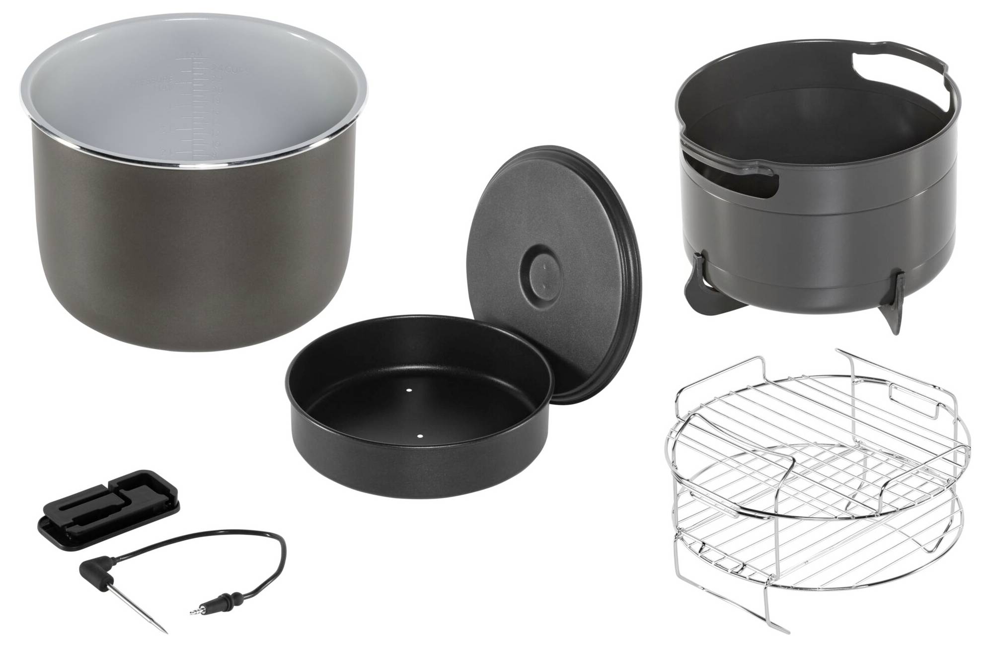 Verschillende kookgerei, waaronder een grote pan, een kleinere container, een deksel, een rooster en een kabel met sensor.