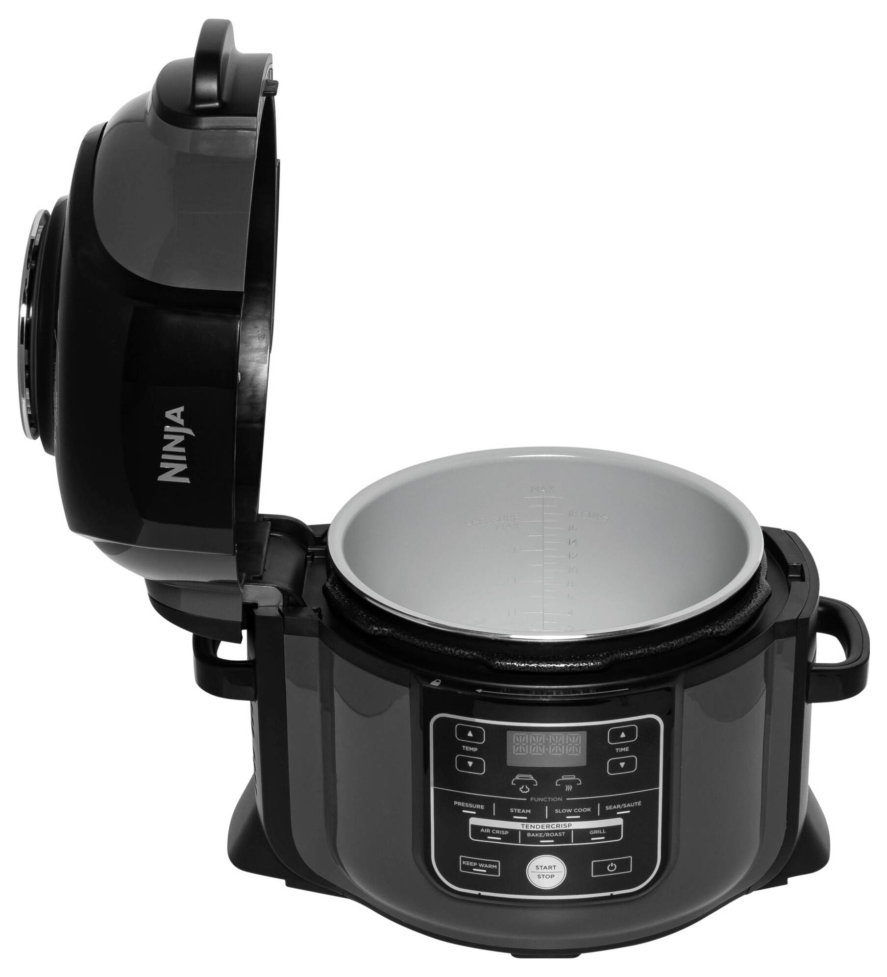 Een geopende elektrische multicooker met meerdere functies, digitaal display en toetsenbesturing. Ideaal voor koken en stomen.