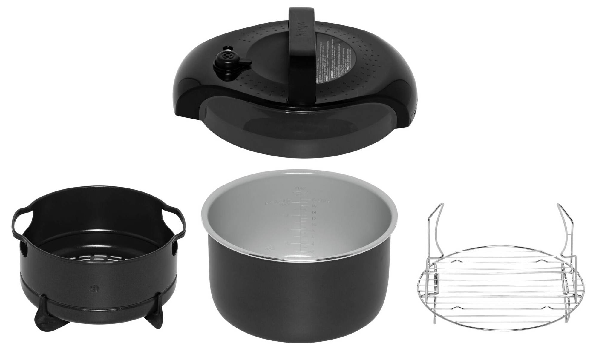 Verschillende accessoires voor een heteluchtfriteuse: een bovenste deksel met handvat, een pan, een kookmandje en een rooster.