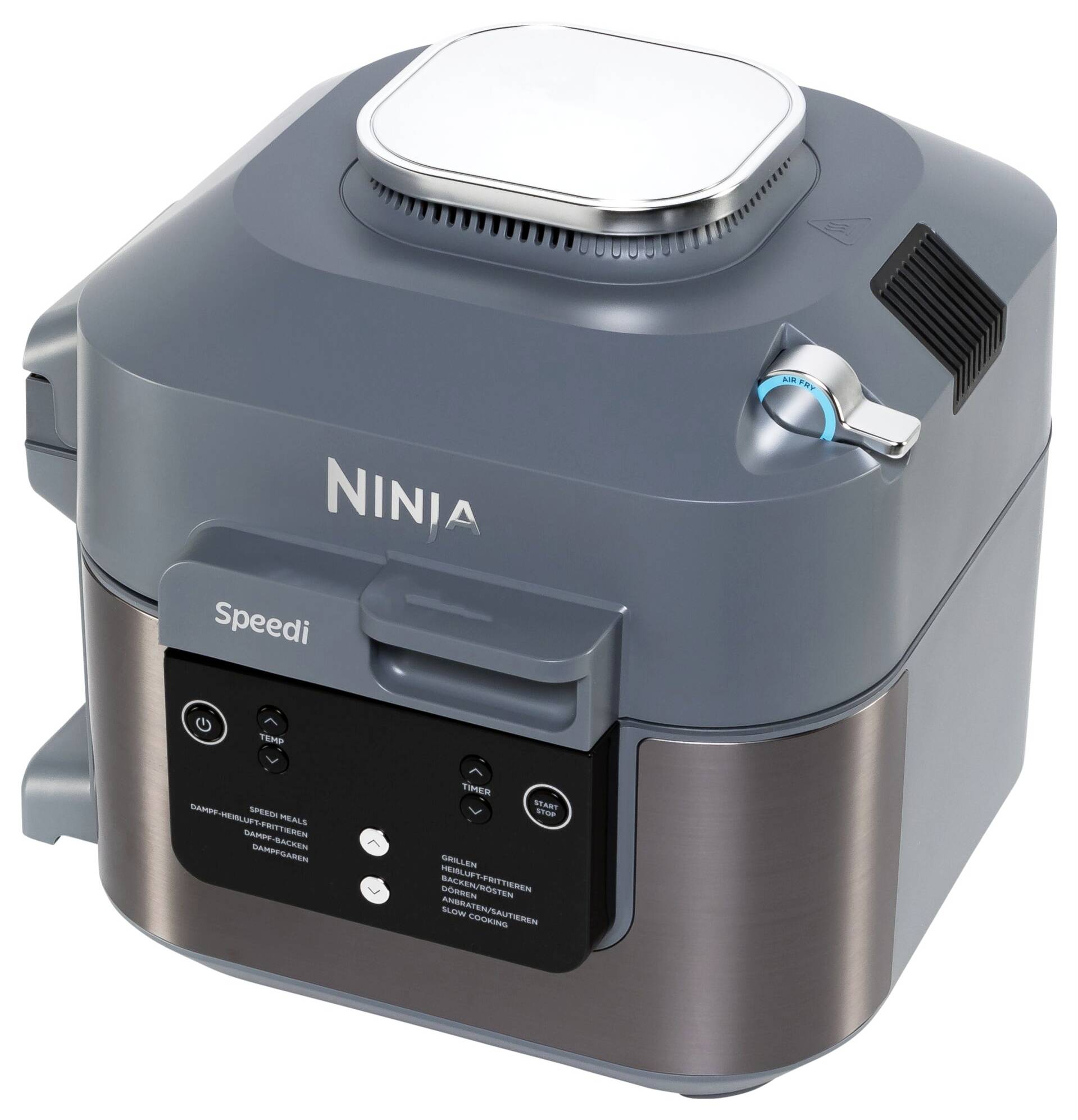 Een grijze multifunctionele kookpot van het merk Ninja met bedieningselementen en een draaiknop bovenaan. Geschikt voor snelle bereidingen.