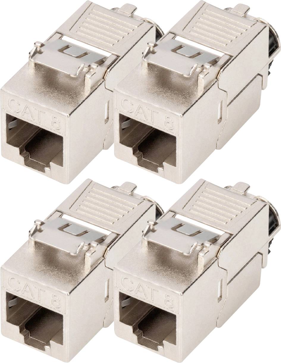 'Vier Cat 8 netwerkaansluitingen, metaalgecoat, in twee rijen gerangschikt. Geschikt voor high-speed datatransmissie.'