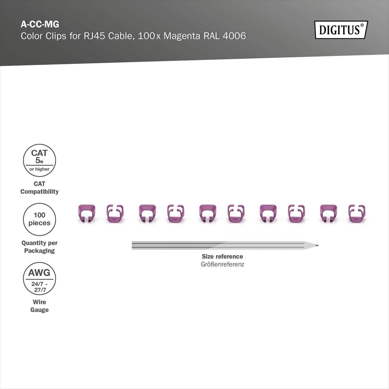 Tien magenta kabelclips voor RJ45-kabels op een rij, compatibel met CAT 5e/6, verpakking van 100 stuks, draaddikte AWG 24/7.