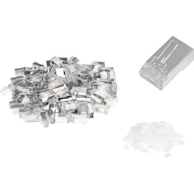 Een hoop zilveren RJ45-connectoren, ernaast een losse, met een klein hoopje doorzichtige plastic onderdelen eronder.