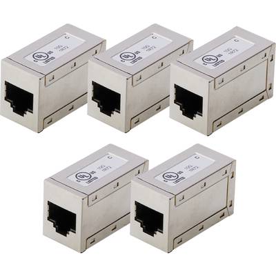 Vijf RJ45-keystone-aansluitingen naast elkaar. Elke aansluiting heeft een UL-logo bovenaan en is ontworpen voor netwerkverbindingen.