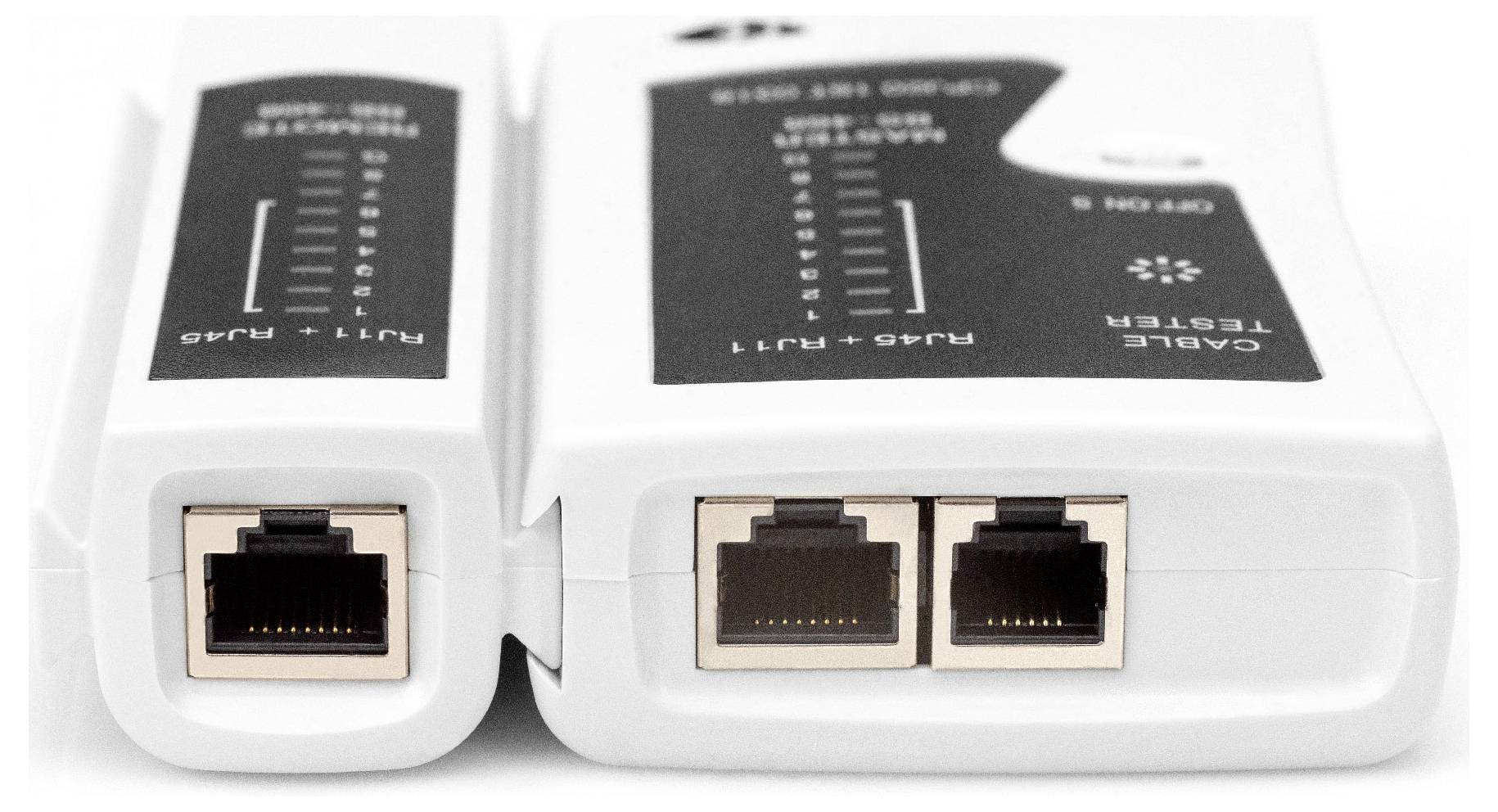 Twee kabeltestapparaten met witte behuizingen en zwarte opdruk; elk heeft RJ45- en RJ11-aansluitingen.