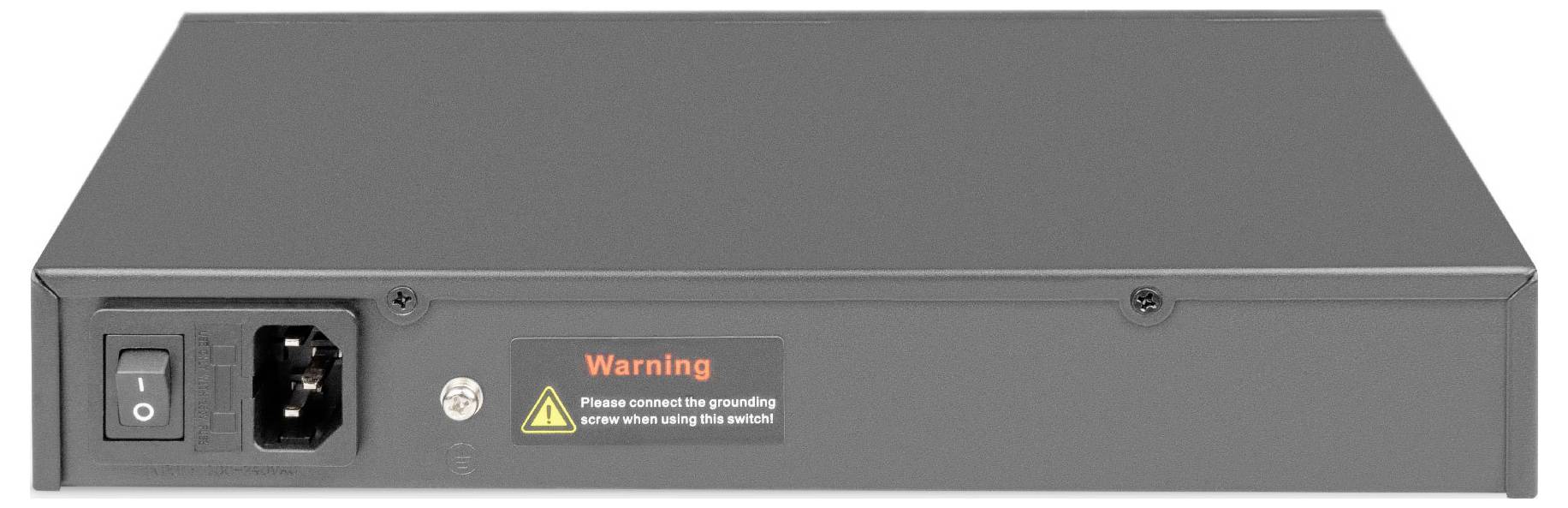 Achterkant van een elektronisch apparaat met stroomaansluiting, netschakelaar en waarschuwingslabel dat oproept tot het aansluiten van de aardingskabel.