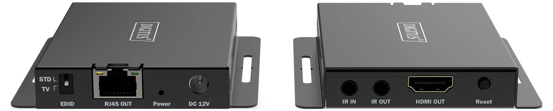 Twee zwarte mediaconverters met verschillende aansluitingen: Ethernet, HDMI, IR en stroomvoorziening. Gebruikt voor signaaloverdracht.