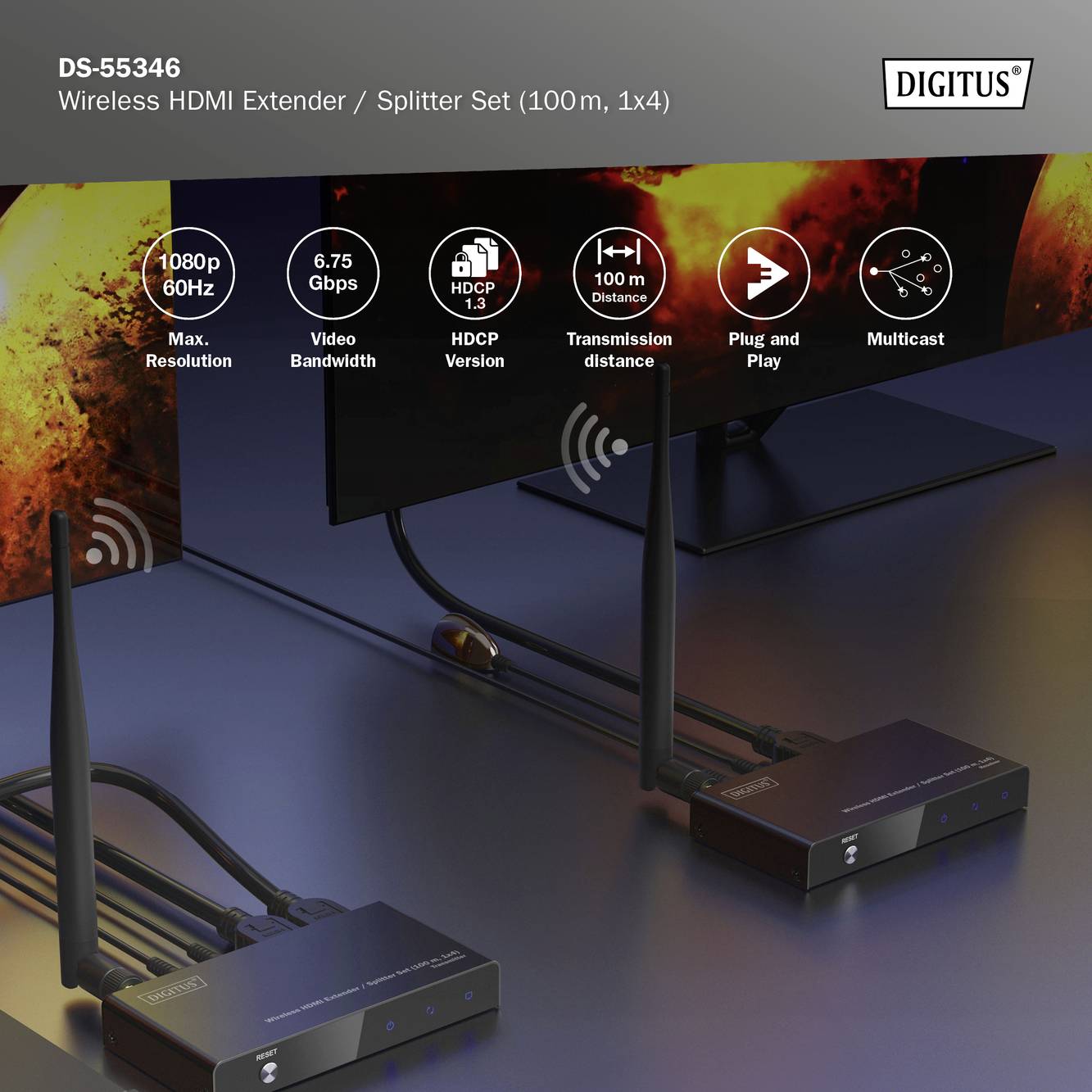 Draadloze HDMI-extender met ontvangers voor hertransmissie van videosignalen. Ondersteunt tot 1080p, 60Hz en 100m afstand.