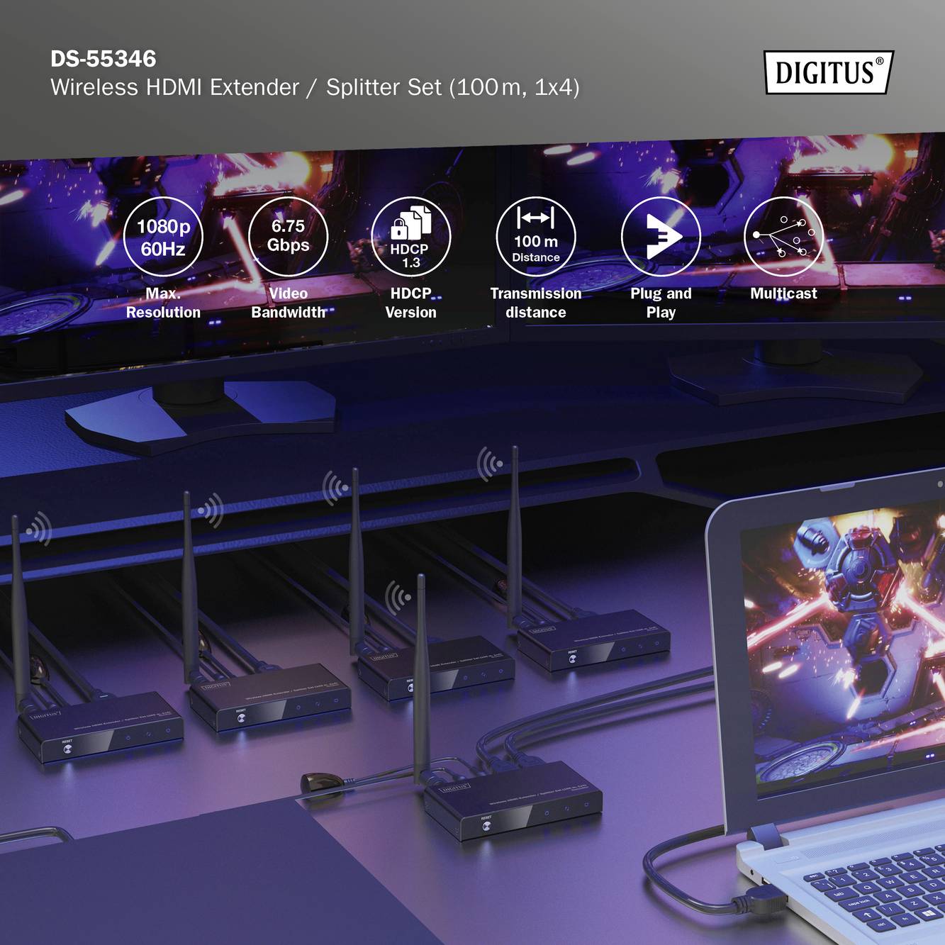 Een laptop toont een superheldenfoto. Ernaast staan HDMI-splitterapparaten met etiketten over technische specificaties zoals '1080p' en '100m afstand'.