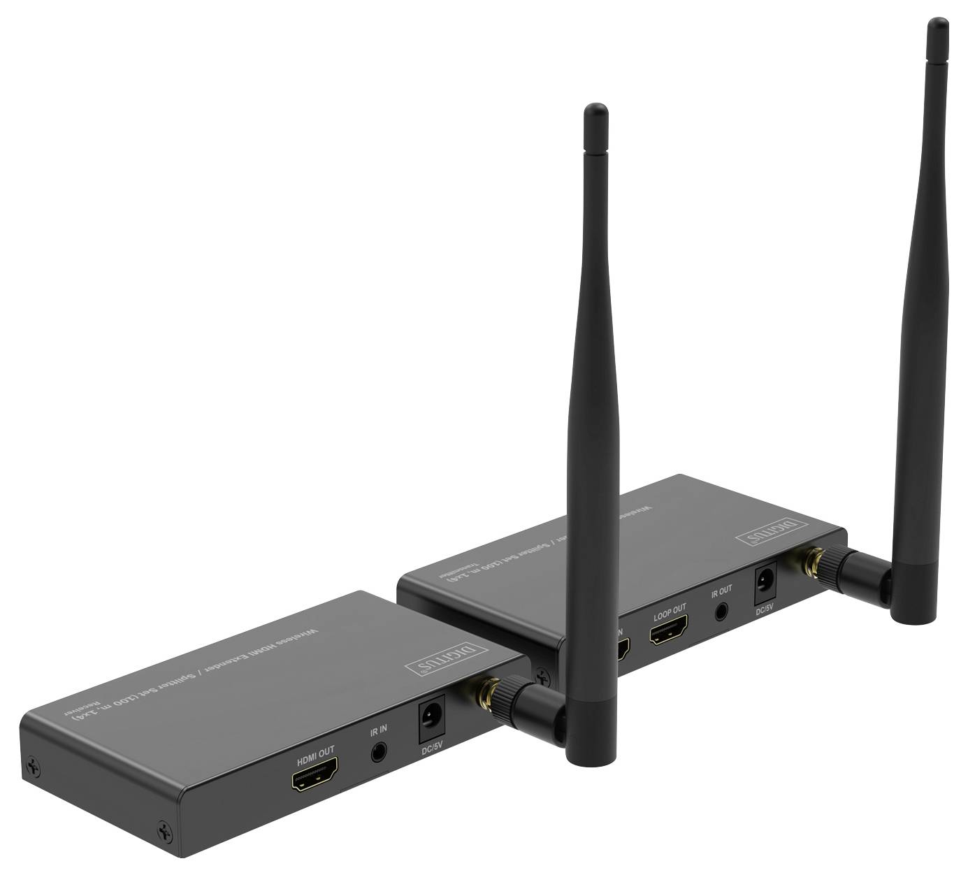 Twee zwarte draadloze HDMI-zenders en -ontvangers met antennes, naast elkaar geplaatst, tonen aansluitingen en knoppen.