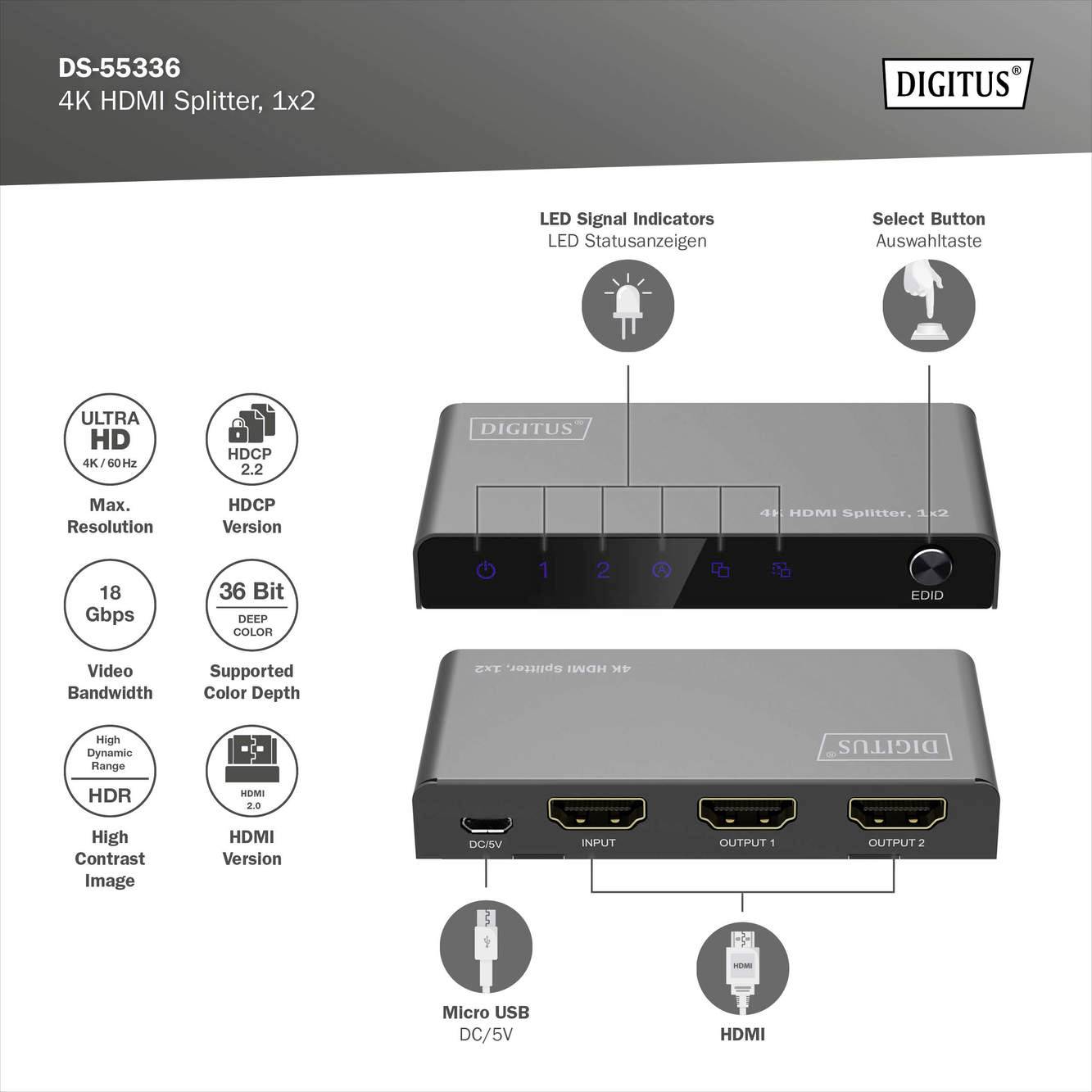 '4K HDMI Splitter, 1x2' van Digitus: Toont LED-statusaanwijzers en selectieknop. Ondersteunt Ultra HD, HD-videobandbreedtes, beelden met hoog contrast. Micro USB/DC en HDMI-aansluitingen.