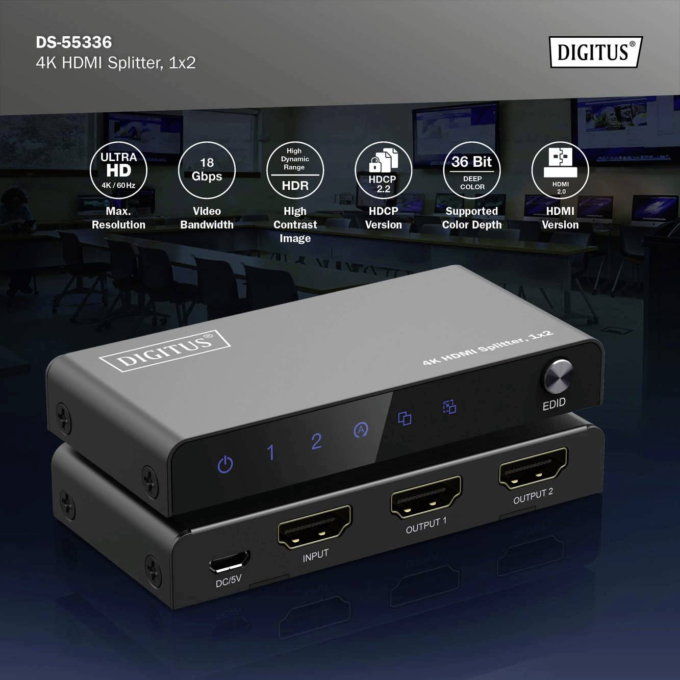 HDMI-Splitter 'Digitus 4K 1x2' op een tafel, geschikt voor 4K-videooverdracht met 18 Gbps bandbreedte en 36 bits kleurdiepte.