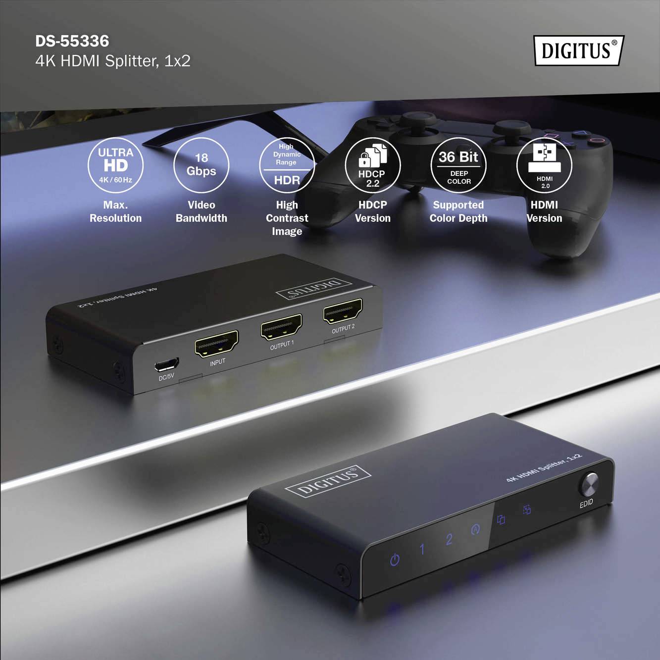 Een zwarte HDMI-splitter met drie HDMI-poorten op een tafel. Bovenaan bevinden zich symbolen met technische details zoals 'Ultra HD' en 'High Contrast Image'.