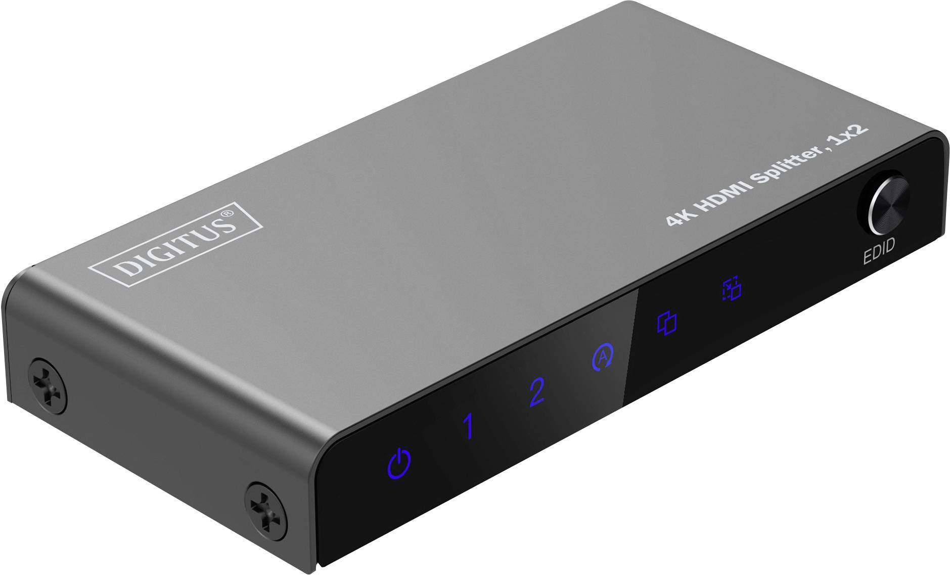 Grijze HDMI-splitter met opschrift '4K HDMI Splitter, 1x2', vier blauwe functietoetsen en een zwart, glanzend bedieningspaneel.