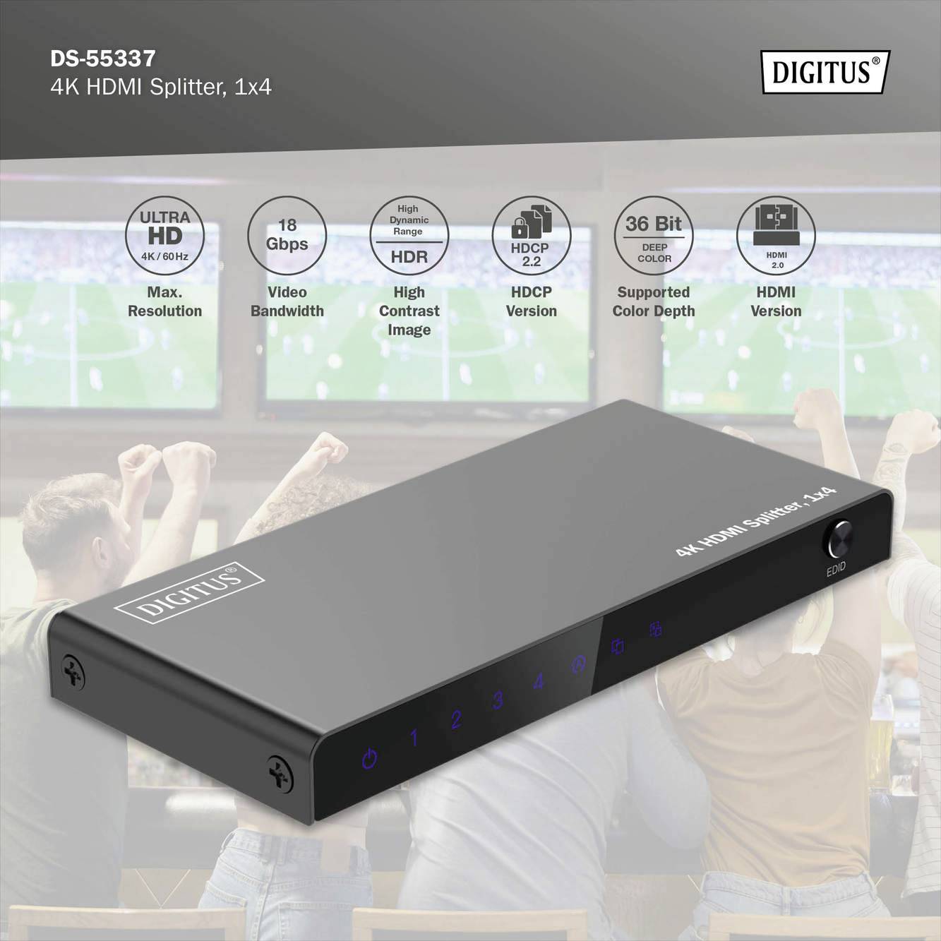 "4K HDMI-splitter 1x4" van Digitus, model DS-55337, op een achtergrond met mensen die naar een groot scherm kijken.