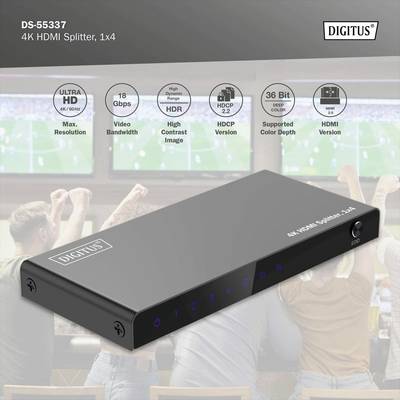 "4K HDMI-splitter 1x4" van Digitus, model DS-55337, op een achtergrond met mensen die naar een groot scherm kijken.