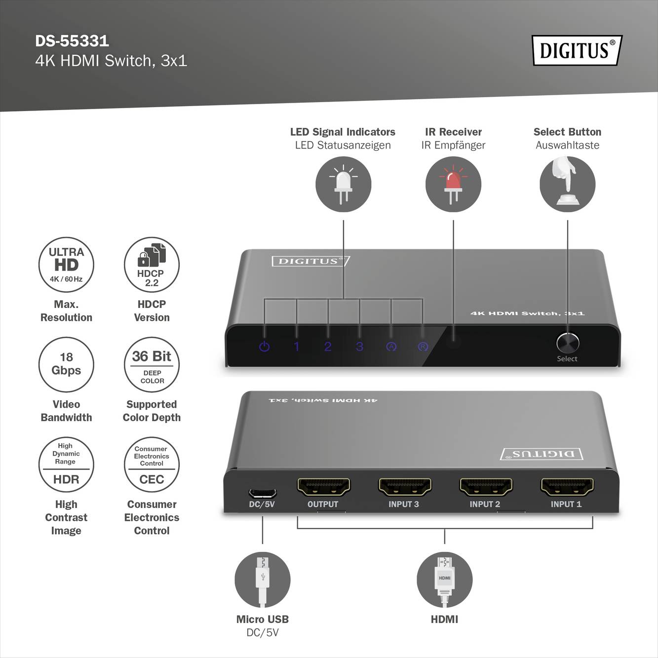 'Digitus DS-55331' 4K HDMI-schakelaar toont LED-signalen, IR-ontvanger en 3 HDMI-ingangen. Ondersteunt 4K, HDCP, 36-bits kleurdiepte.