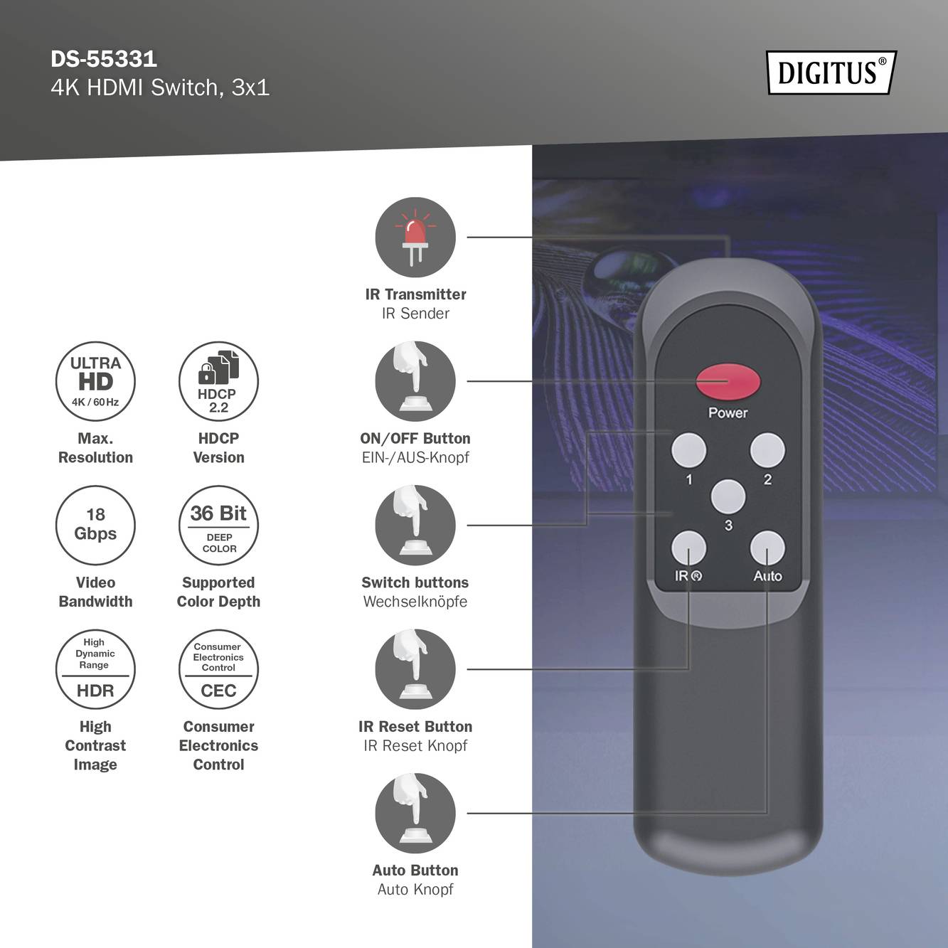 Een HDMI-schakelaar met IR-afstandsbediening, drie ingangen en één uitgang. Ondersteunt 4K, HDCP 2.2 en CEC-besturing. Bedieningsknoppen: Aan/Uit, Omschakelen, Auto.