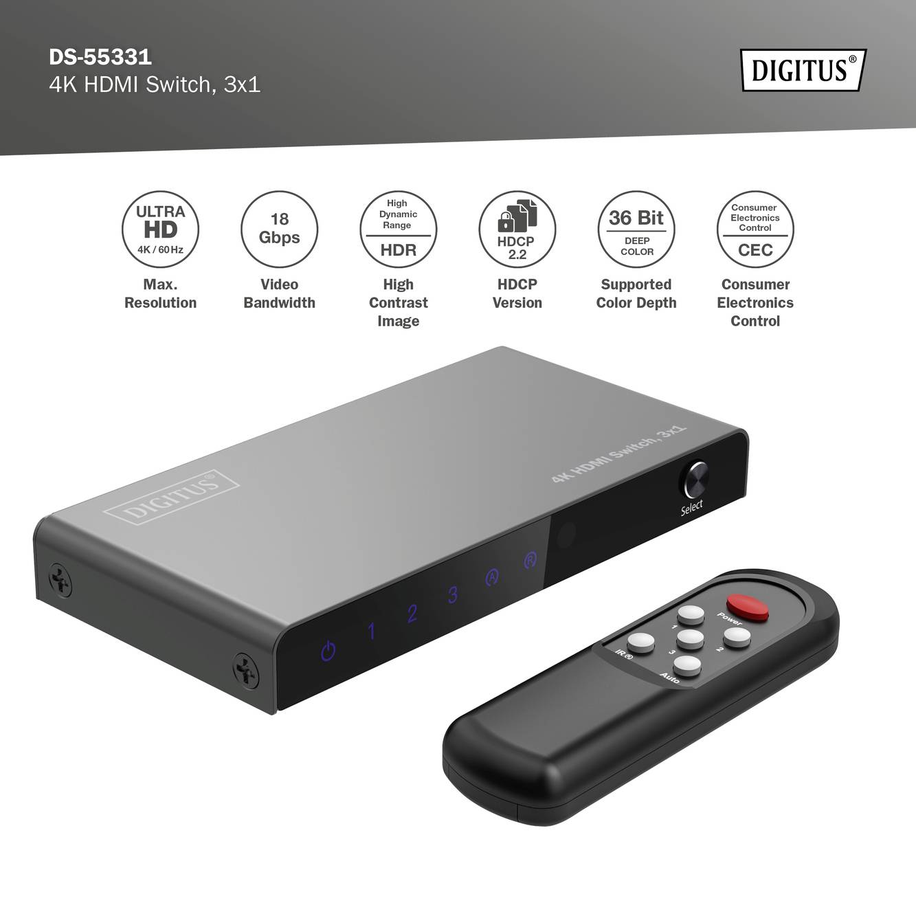 Een 4K HDMI-switch met drie ingangen en afstandsbediening, ondersteunt 8K-resolutie en HDR, inclusief HDCP 2.2 en 36-bits kleur.