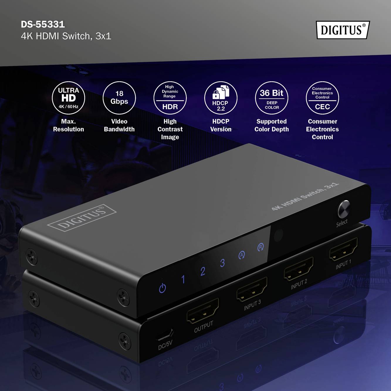 Een zwarte HDMI-switch met drie ingangen en één uitgang wordt gepresenteerd. Bovenaan zijn specificaties zichtbaar en de merknaam 'DIGITUS' is duidelijk aanwezig.