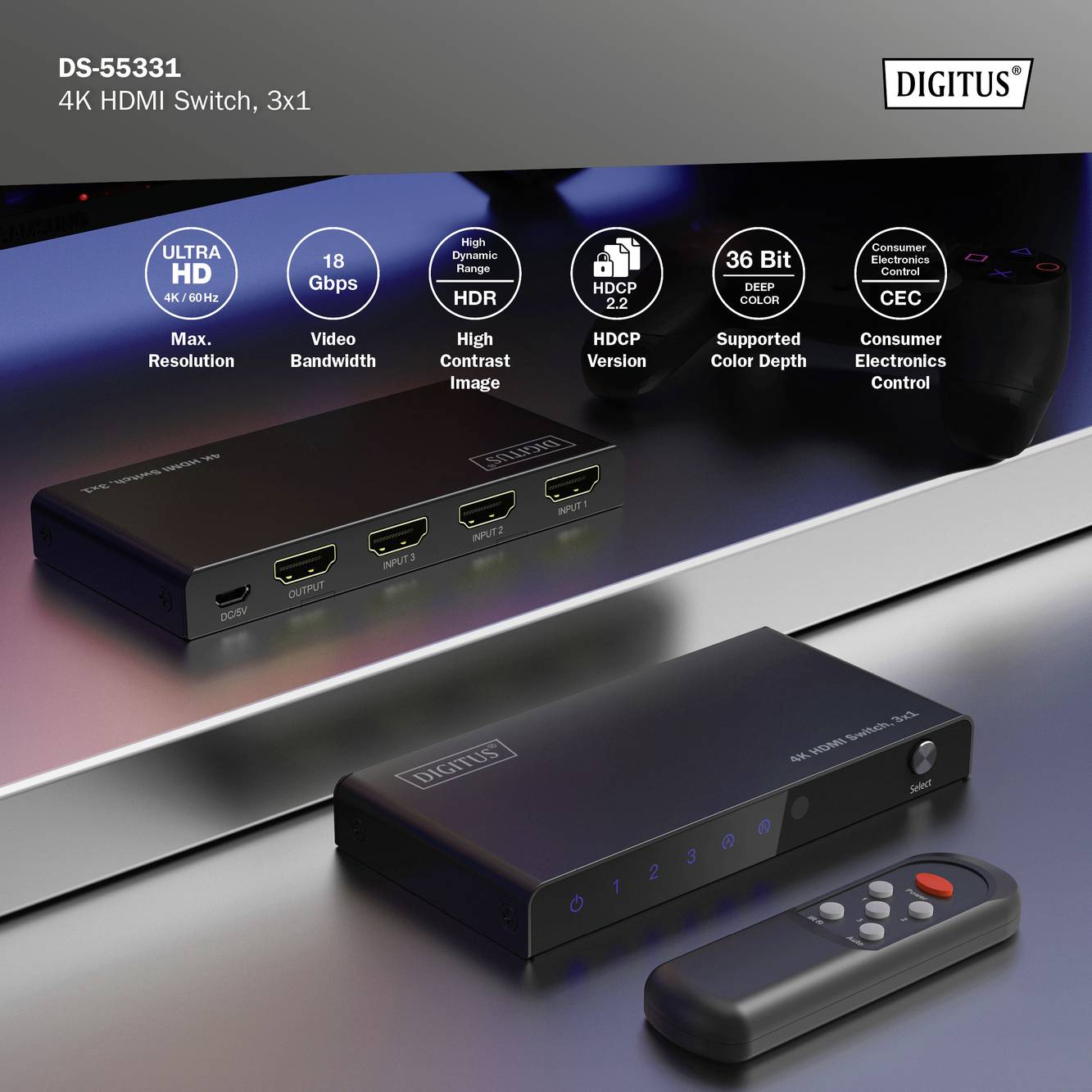 Een 4K HDMI-switch (3x1) van Digitus met drie HDMI-ingangen en één uitgang. Ondersteunt HDCP 2.2, HDR, 36 Bit Deep Color. Toont afstandsbediening en apparaat.