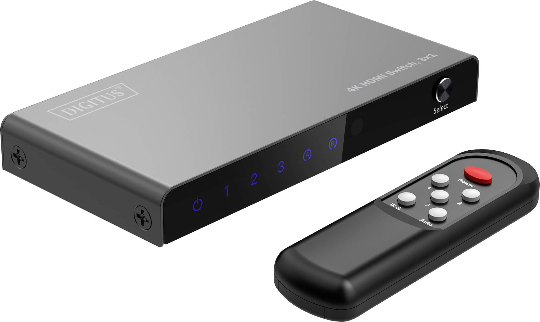 Een 4K HDMI-splitter met 5 ingangen en een afstandsbediening. Aan de voorkant zijn vijf verlichte ingangsnummers zichtbaar.