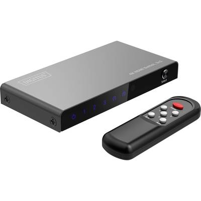 Een 4K HDMI-splitter met 5 ingangen en een afstandsbediening. Aan de voorkant zijn vijf verlichte ingangsnummers zichtbaar.